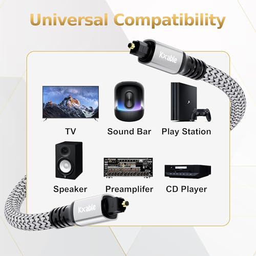 Kxable Optical Audio Cable 10 FT, Digital Audio Cable, Toslink Fiber Optic Cord, [Nylon Braided, Slim Aluminum Shell, Gold Plated Connector], for Home Theater, Sound Bar, PS4, Xbox, TV and More - size: 10FT, style: Nylon Braided Jacket
