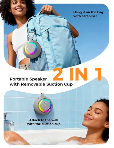 Bluetooth Shower Speaker IPX7 Waterproof: Removable Suction Cup, Grey | 360° Surround Sound, Vacuum-Lock, RGB Light, Portable Wireless Speaker for Beach, Pool, Kayak, Gifts for Adults Teens
