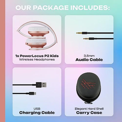 PowerLocus Kids Headphones Over-Ear, Bluetooth Wireless Headphones for Kids,with Microphone, Safe 85DB Volume Limited, Foldable with Carry Case, Audio Cable, Micro SD mode for Online Classes,PC,Phones - color: Upgrade Rose Gold