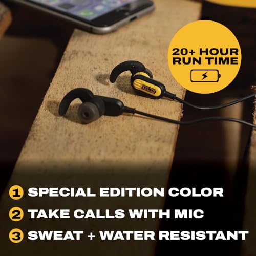 DEWALT Heavy Duty Neckband Bluetooth Earbuds - Black Special Edition Wireless Bluetooth 5.2 Headphones w/Microphone, Lightweight Comfort, IP56 Waterproof, Deep Bass, 20H Jobsite Behind-Neck Earphones - color: Black