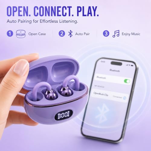 OpenEarRing Open Ear Headphones-Clip-On Open Ear Earbuds, Bluetooth 6.0 Wireless Earbuds with Mic, Lightweight Comfort, Secure Fit, Digital Display, 40H Playtime for Sports Running Workout