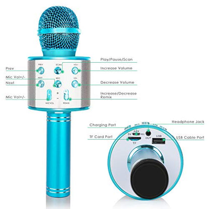 KIDWILL Wireless Bluetooth Karaoke Microphone for Kids, 5-in-1 Portable Handheld Karaoke Mic Speaker Player Recorder with Adjustable Remix FM Radio for Kids Girls Boys Teens Birthday (Blue)