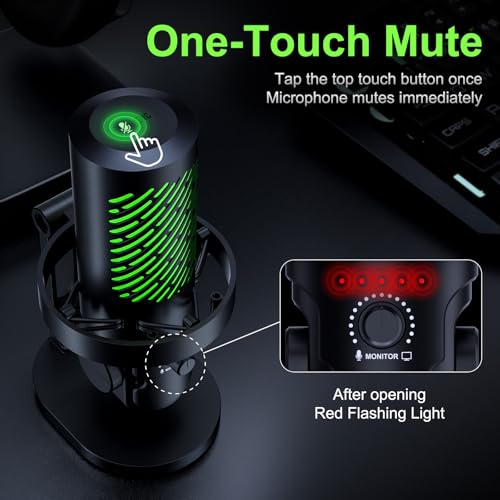 tenlamp RGB USB Condenser Microphone for Gaming Streaming Podcast - Cardioid with Touch Mute & Noise Reduction, Dynamic RGB Lights, Gain Knob, Headphone Monitoring, Plug and Play for PC Mac Phone