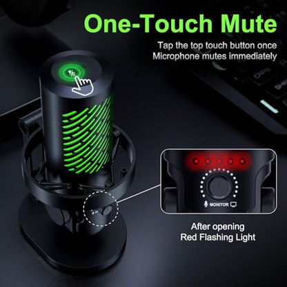 tenlamp RGB USB Condenser Microphone for Gaming Streaming Podcast - Cardioid with Touch Mute & Noise Reduction, Dynamic RGB Lights, Gain Knob, Headphone Monitoring, Plug and Play for PC Mac Phone