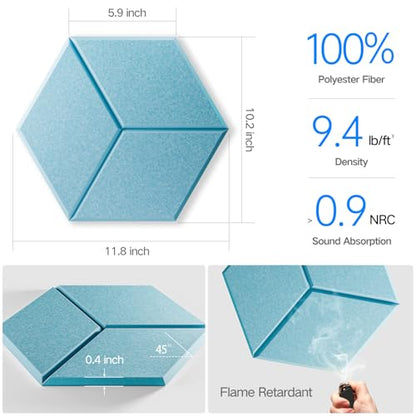 12 Pack Self-Adhesive Acoustic Panels 12" X 10" X 0.4" - Sound Proof Foam Panels with High Density, Y-Lined Design, Flame Resistant, Absorb Noise and Eliminate Echoes(Light Blue) - color: Light Blue, size: Y-Cut Hexagon 12 Pack