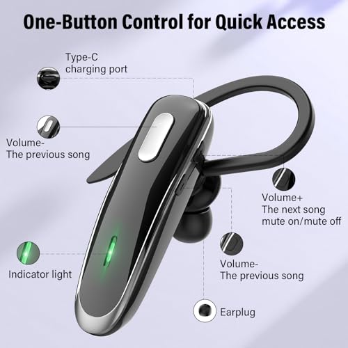 Bluetooth Headset V5.4, Wireless Bluetooth Earpiece with Built-in Dual ENC Mic 10Hrs Talk Time 180 Days Standby for Cell Phone Computer, Mute Buttons Hands-Free Headphones for Trucker/Driver/Business