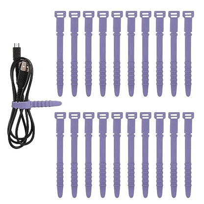 NQEUEPN 20pcs Reusable Purple Silicone Releasable Zip Ties, Cord Organizer Straps, Elastic Cord Management Cable Ties for Headphones, Charging Wire, Home Office Table Organization
