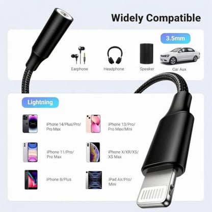 Lightning to 3.5mm Aux Adapter, Apple MFi Certified iPhone to Headphone Jack Converter Audio Dongle for iPhone 14 13 12 11 XS XR X 8 7 6 to Car/Home Stereo/Headphone/Speaker (Black)