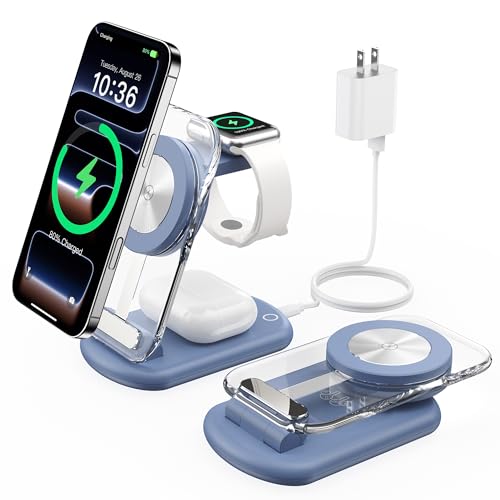 3 in 1 Magnetic Wireless Charging Station for Apple Devices | Fast Travel Charger Stand with Night Light for MagSafe-enabled iPhone 17 16 15 14 13 12 Series, Apple Watch/AirPods Pro, BU - color: Blue