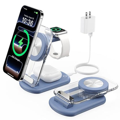 3 in 1 Magnetic Wireless Charging Station for Apple Devices | Fast Travel Charger Stand with Night Light for MagSafe-enabled iPhone 17 16 15 14 13 12 Series, Apple Watch/AirPods Pro, BU - color: Blue