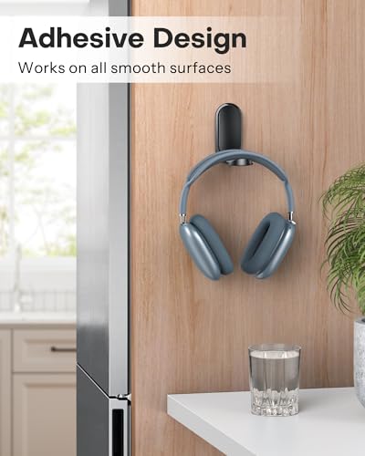 OMOTON Headphone Stand for Desk, Foldable Sticky Headset Stand Holder, Headphone Holder Hook Mount with Non-Slip Silicone, PC Gaming Accessories for Airpods Max, All Earphones- Black