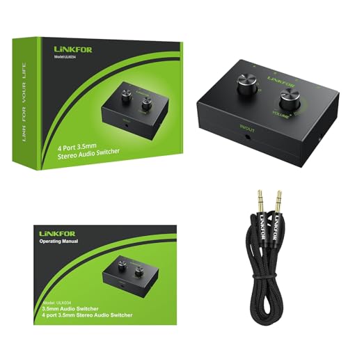 LiNKFOR 4 Port 3.5mm Stereo Audio Switch, 4 Way Stereo Audio Selector, 4 Input 1 Output / 1 Input 4 Output Audio Splitter with Volume Control and 4 Channel Switch Knob - size: 4 Ports 3.5mm
