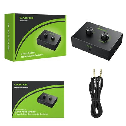 LiNKFOR 4 Port 3.5mm Stereo Audio Switch, 4 Way Stereo Audio Selector, 4 Input 1 Output / 1 Input 4 Output Audio Splitter with Volume Control and 4 Channel Switch Knob - size: 4 Ports 3.5mm