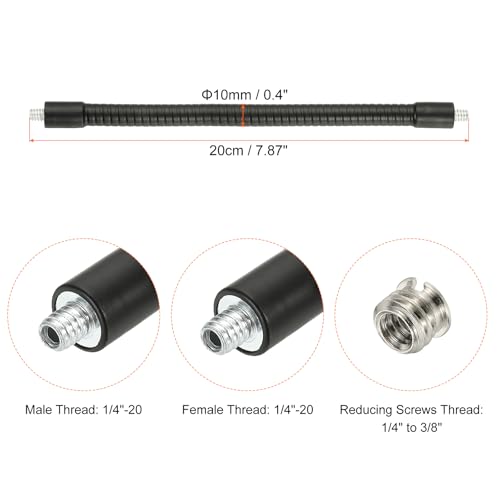 PATIKIL 8" Gooseneck, 1/4"-20 Male to Male Thread Metal Universal Hose Flexible Arm Gooseneck Tube Extension Holder with Reducing Screws for Action Camera, Phone, Microphone, Black - size: 20cm