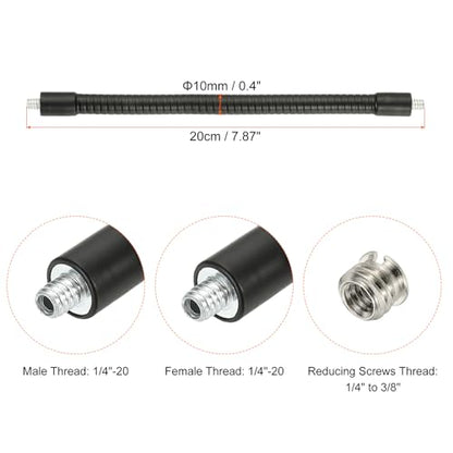 PATIKIL 8" Gooseneck, 1/4"-20 Male to Male Thread Metal Universal Hose Flexible Arm Gooseneck Tube Extension Holder with Reducing Screws for Action Camera, Phone, Microphone, Black - size: 20cm