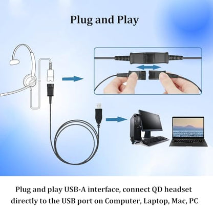 USB Headset Adapter Quick Disconnect QD Cable to USB A Plug Adapter