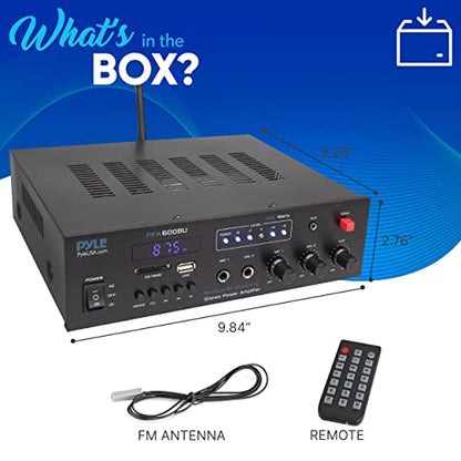 Pyle 300W Bluetooth Karaoke Amplifier - 2-Channel PA System with FM Radio - USB/SD - AUX - 2 Mic Inputs - Siren Alarm - 12V Power Option - Remote Control for Home, Car, and Bus Tours - PFA600BU