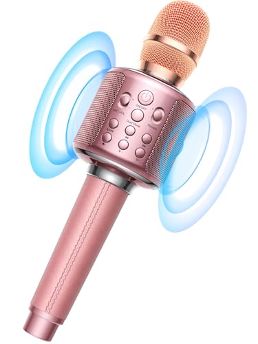 MetFut Wireless Bluetooth Karaoke Microphone, Built-in Loud Speaker for 10H Playback, Add Reverb/Duet Mode/Earbuds Monitoring, Portable Karaoke Machine for Entertainment & Singing Practice (Rose Gold)