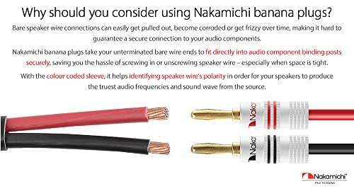 Nakamichi GrubLock Excel Series 24k Gold Plated Banana Plugs, 10-18 AWG | Gauge Size 4mm for Speakers Amplifier Hi-Fi AV Receiver Stereo Audio Wire Cable Screw Connector, 10 Pcs (5-Pairs) - size: 10 Pcs (5-Pairs)