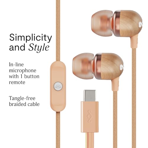 House of Marley Smile Jamaica USB-C Wired Earbuds with Microphone, in-Ear Headphones, 9.2mm Driver, Tangle-Resistant Cable, Plug-and-Play Earphones for Smartphones, Tablets & Laptops (Copper) - color: Copper