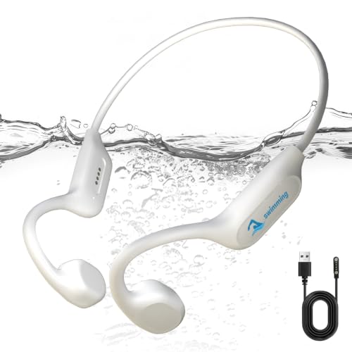 Swimming Headphones Bone Conduction Bluetooth 6.0 IPX8 Waterproof 32G MP3 | Open-ear comfort,clear audio in water,phone-free playlists,secure fit with caps and goggles,stable above-water pairing - color: Off White