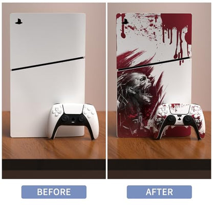PlayVital Full Set Skin Sticker for ps5 Slim Console Disc Edition (The New Smaller Design), Vinyl Skin Decal Cover for ps5 Controller & Headset & Charging Station & Media Remote - Blood Zombie - color: Blood Zombie