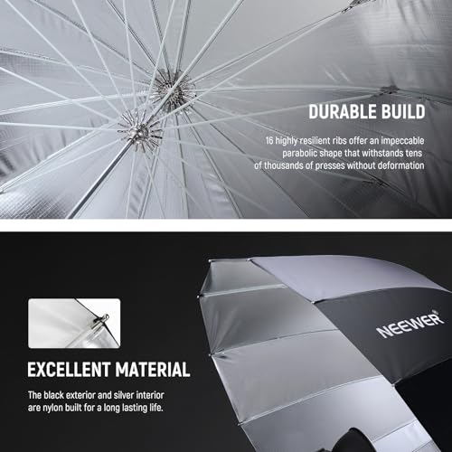 NEEWER 65"/165cm Parabolic Reflective Umbrella Photography with Silver Inner, Soft Lighting with Diffuser Cover, Bag, Quick Fold for Camera Photo Studio Video Light Shooting Monolight Flash, NS3U - color: Silver, size: 65"