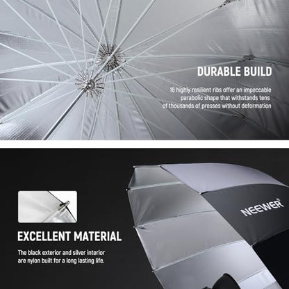 NEEWER 65"/165cm Parabolic Reflective Umbrella Photography with Silver Inner, Soft Lighting with Diffuser Cover, Bag, Quick Fold for Camera Photo Studio Video Light Shooting Monolight Flash, NS3U - color: Silver, size: 65"