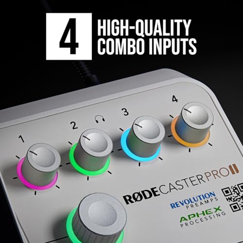 Rode RODECaster Pro 2 White Bundle with 4x PodMic Dynamic Mics, 4 PSA1+ White Boom Arms, 4 Cans50 Headphones, XLR Cables — 9-Channel APHEX Console for Podcasting, Streaming