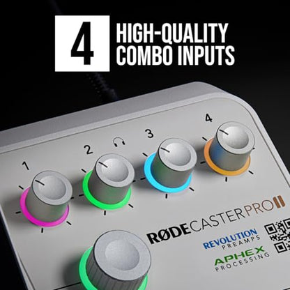 Rode RODECaster Pro 2 White Bundle with 4x PodMic Dynamic Mics, 4 PSA1+ White Boom Arms, 4 Cans50 Headphones, XLR Cables — 9-Channel APHEX Console for Podcasting, Streaming