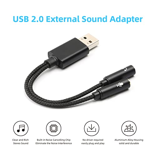 USB to Dual 3.5mm Audio Jack Adapter, Mic-Supported Headphone Adapter for Two Headphones, Speakers to Laptop, with 3-Pole 3.5mm Jack Audio Cables (20cm&100cm) [3 Pack], Black