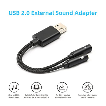 USB to Dual 3.5mm Audio Jack Adapter, Mic-Supported Headphone Adapter for Two Headphones, Speakers to Laptop, with 3-Pole 3.5mm Jack Audio Cables (20cm&100cm) [3 Pack], Black