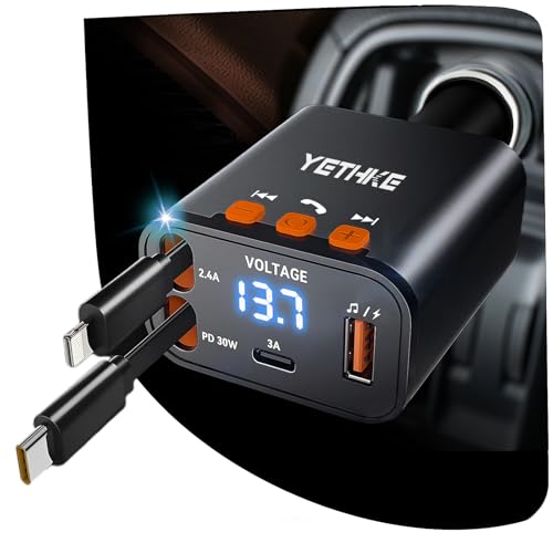 Bluetooth Car Adapter with Retractable Charger, FM Transmitter Bluetooth 5.4 for Cars, 4 in 1 Fast Car Phone Charger 69W, Handsfree Call, 2*Retractable Cable for iPhone 17/16/15/14, Galaxy-Black - color: Black