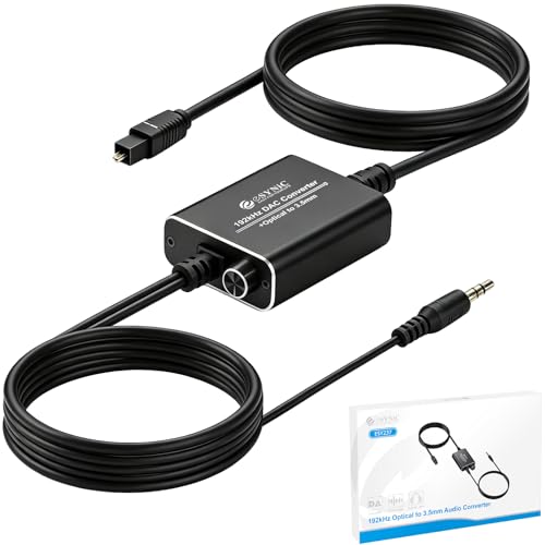 eSynic Portable Optical to 3.5mm/Aux Adapter-7 FT Long-192KHz DAC Converter-Metal Shell-Built in Amplifier Chip-Easy to Setup- from HDTV/Blu-Ray/Gaming Console to 3.5MM Audio Speaker & Headphone