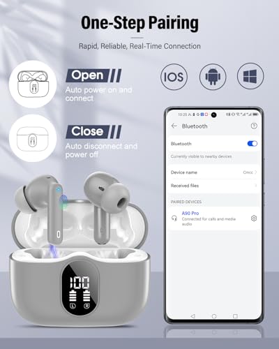 Btootos Wireless Earbuds, Bluetooth 5.4 Headphones Bass Stereo, Ear Buds with Noise Cancelling Mic, IP7 Waterproof in Ear Earphones, 36H LED Display Bluetooth Earbuds for Laptop Pad Phones, Fog Gray | Ear Buds with Noise Cancelling Mic LED Display, 36H, I