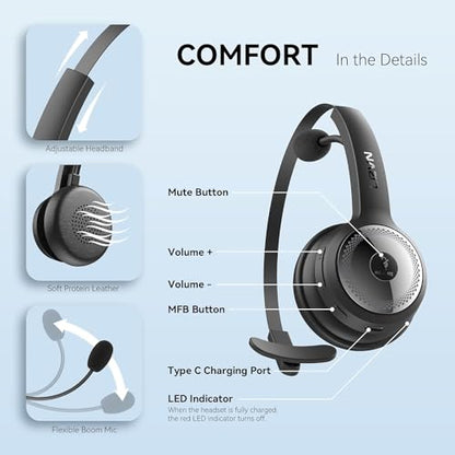 LEVN Bluetooth 5.0 Headset, Wireless Headset with Microphone (AI Noise Cancelling), 35Hrs Bluetooth Headphones with USB Dongle for PC, Suitable for Remote Work/Call Center/Zoom/Online Class, Black