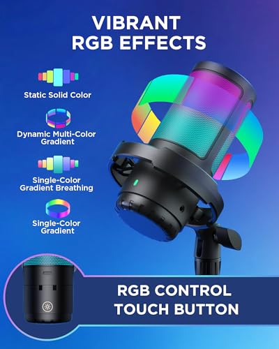InnoGear USB Gaming Microphone for PC Boom Arm Condenser Mic Set, Black | One-Touch Mute, Interruption-Free, Adjustable Boom Arm, Zero-Latency Monitoring, Work with Xbox, Changeable RGB Modes - color: Black, style: 2-Axis Arm with Mic