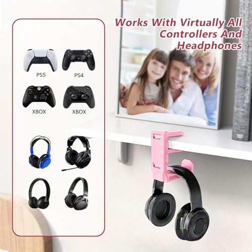 3-in-1 Gaming Headset Stand with Controller Holders Clamp-on Under Desk Rotating Headphone Hanger Adjustable PC Desk Headphone Holder with Cable Organizer - color: pink