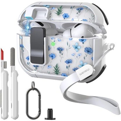WENEW Case for AirPods Pro & Pro 2 Case Cover Secure Lock Automatic Snap Switch Clip Cleaner Kit Lanyard Women Stylish Flower Full Body Hard Shell Front LED Visible (Blue Flower, AirPods Pro & Pro 2) - color: Blue Flower, size: AirPods Pro & Pro 2