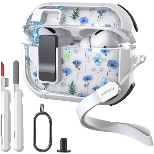 WENEW Case for AirPods Pro & Pro 2 Case Cover Secure Lock Automatic Snap Switch Clip Cleaner Kit Lanyard Women Stylish Flower Full Body Hard Shell Front LED Visible (Blue Flower, AirPods Pro & Pro 2) - color: Blue Flower, size: AirPods Pro & Pro 2