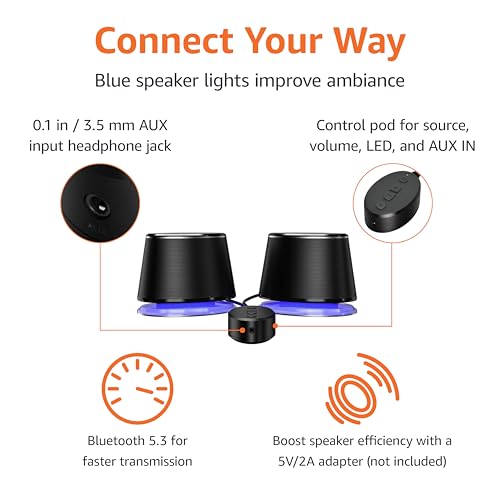 Amazon Basics Bluetooth Computer Speakers with USB 3.0, LED Blue Lighting, Volume Control, USB Powered, Set of 2