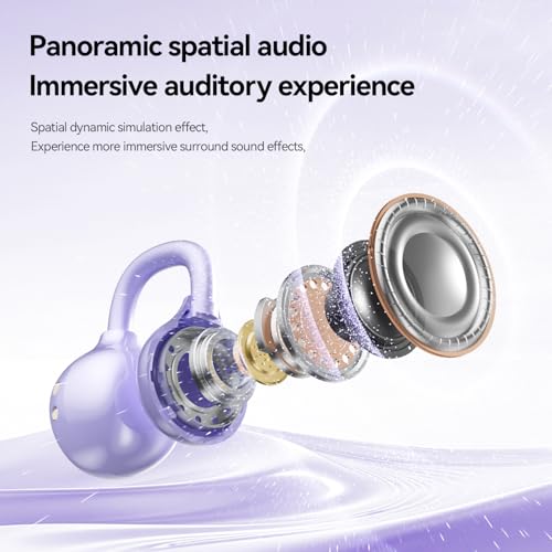Open Ear Clip Earbuds Bluetooth 6.0, Wireless Ear Clip Headphones with LED Mirror Charging Case, IPX6 Waterproof 40H Playtime, Lightweight Open-Ear Earphones for Women Girls Gifts (Purple) - color: Purple