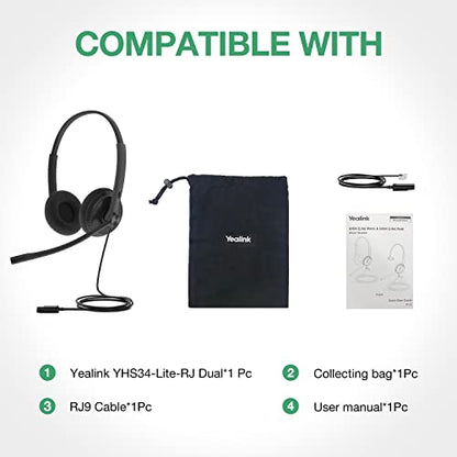 Yealink Phone Headsets for Office Phones YHS34 Lite QD to RJ9 Wired Headset Compatible with Poly Snom Grandstream Phones Desk Landline Headset with Microphone -Dual/111g/2.1m Cable - color: Foamy Ear Cushions, size: Dual