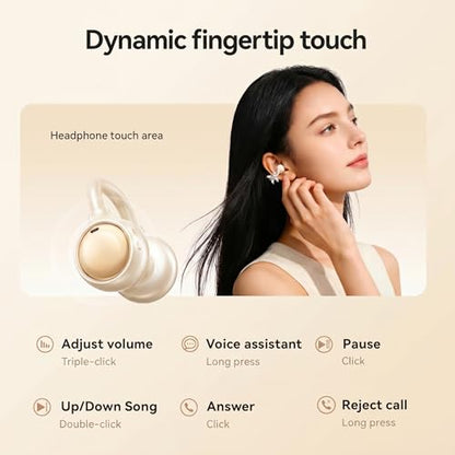 Open Ear Wireless Earbuds for Women with Makeup Mirror Charging Case, Clip-on Bluetooth 6.0 Headphones with Spatial Audio, Includes Flower & Butterfly Earrings, Long Battery Life - color: Cream White