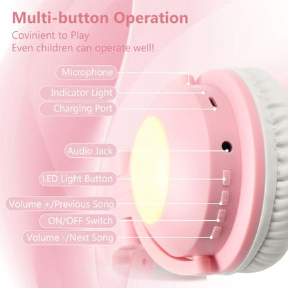 Cat Ear Bluetooth Headphones for Kids Adult, LED Gaming Headset | Toddler Girl Headphones, Bluetooth Over Ear Headphones with Microphone,Foldable,Phone/PC/Tablet/TV Compatible,Pink - color: Pink