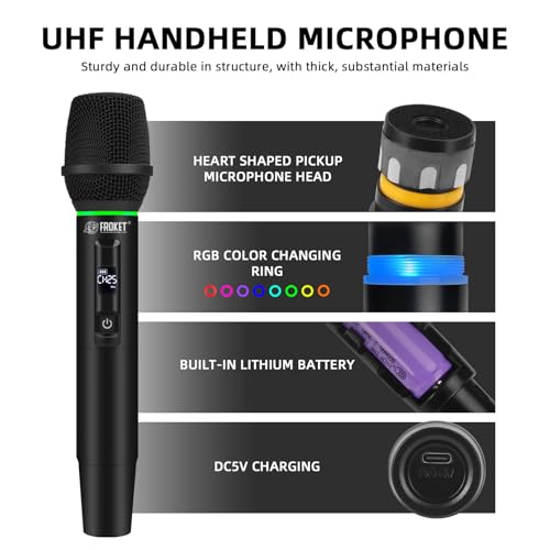 UHF Wireless Microphone System, 99-Ch Dual Handheld Mics RGB | UHF Wireless Mic System, Dual Handheld, 99 Ch, Cardioid, RGB, Plug&Play, 50m Range, Rechargeable