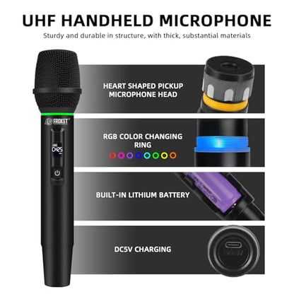 UHF Wireless Microphone System, 99-Ch Dual Handheld Mics RGB | UHF Wireless Mic System, Dual Handheld, 99 Ch, Cardioid, RGB, Plug&Play, 50m Range, Rechargeable