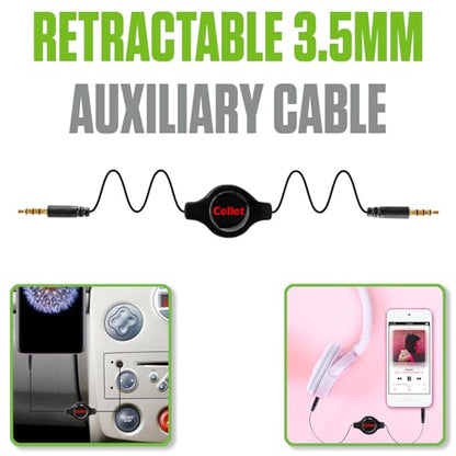 Cellet Retractable Stereo Auxiliary Cable – 32" Extendable Aux Cord for Car, Headphones, Speakers & More – Compact, Tangle-Free Design – 3.5mm Male to 3.5mm Male Audio Jack – Black