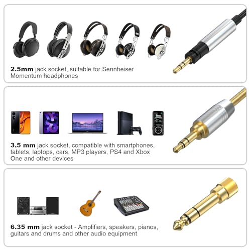 Momentum 3 Cable for Sennheiser Momentum 4/2, HD1 On-Ear, HD 400S, HD 450BT | 2.5mm to 3.5mm Cable with 6.35mm Adapter for Sennheiser PXC 550, PXC 550-II, ACCENTUM Plus Headphones, PC, MP3, PS4, Xbox One