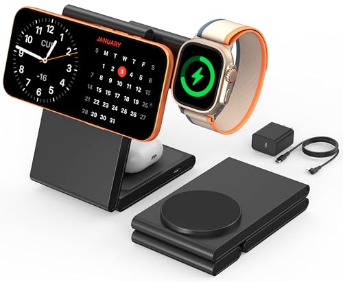 New Travel Foldable 3 in 1 Wireless Charging Station for Apple Magsafe Charger Stand,Fast Magnetic Wireless Charger Station for iPhone 17 Air 16 15 14 13 12 Series,Airpods Pro,Apple Watch Ultra-Black - color: Black